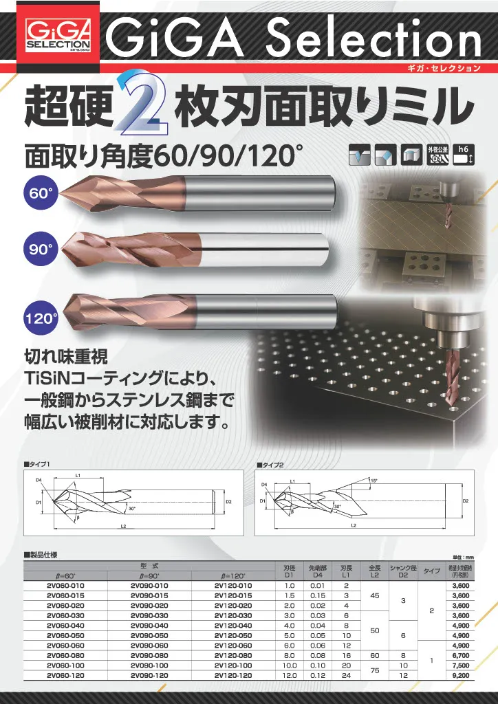 超硬2枚刃面取りミル