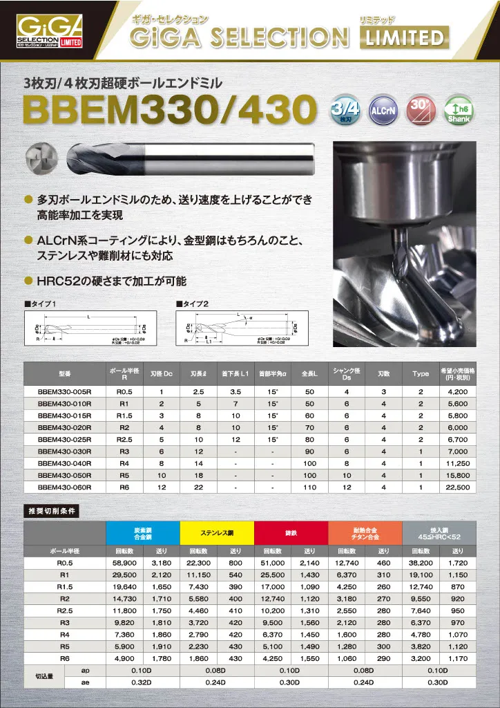 3枚刃/4枚刃超硬ボールエンドミル・4枚刃超硬面取りカッター